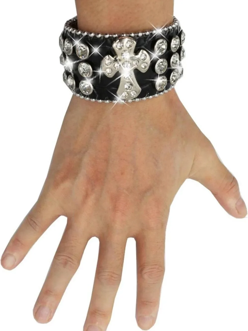 Rhinestone Studded Leather Bracelet for Men & Women | Adjustable Y2K Cross Skull